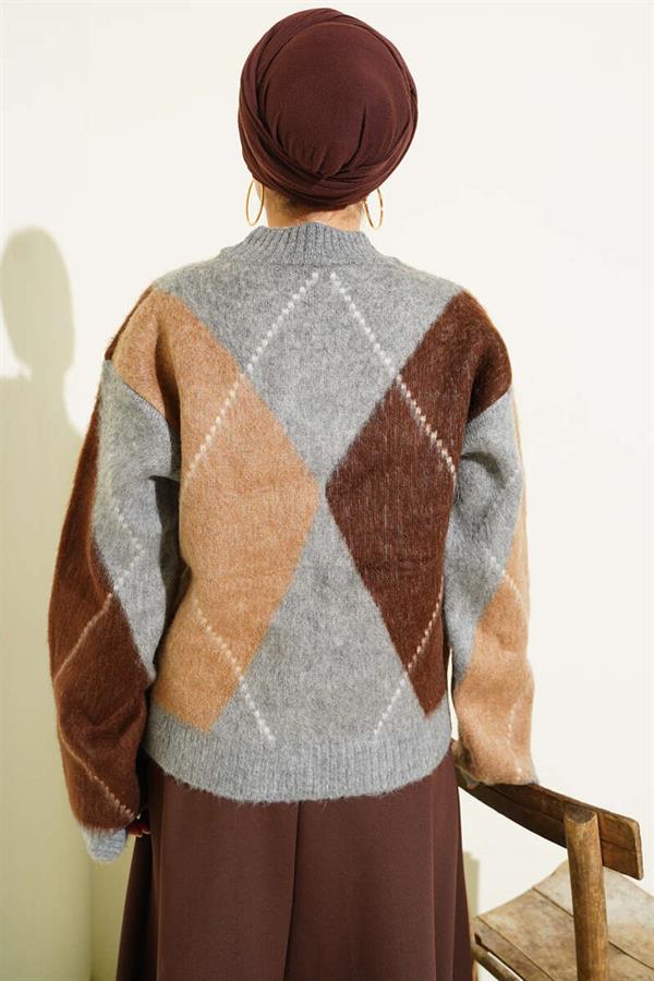 V-Neck Diamond Patterned Knitwear Sweater Gray