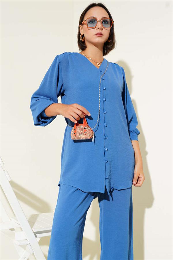V Neck Brit Buttoned Aerobin 2 Piece Set Indigo