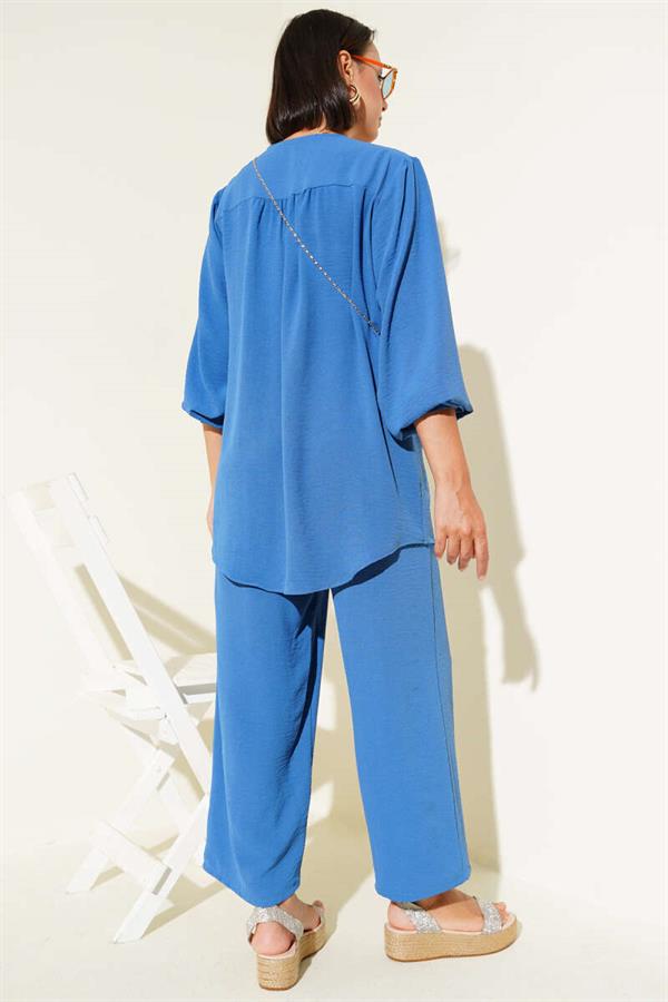 V Neck Brit Buttoned Aerobin 2 Piece Set Indigo