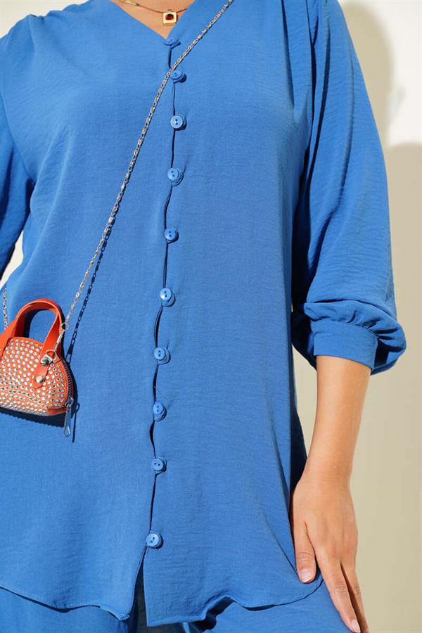 V Neck Brit Buttoned Aerobin 2 Piece Set Indigo