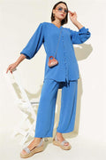 V Neck Brit Buttoned Aerobin 2 Piece Set Indigo
