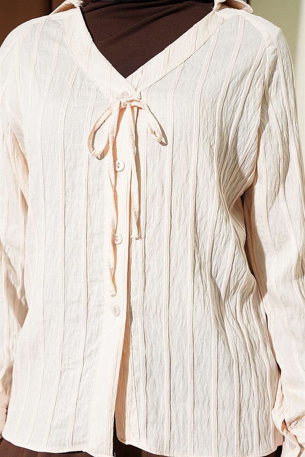 V-Neck Striped Lace-up Shirt Beige