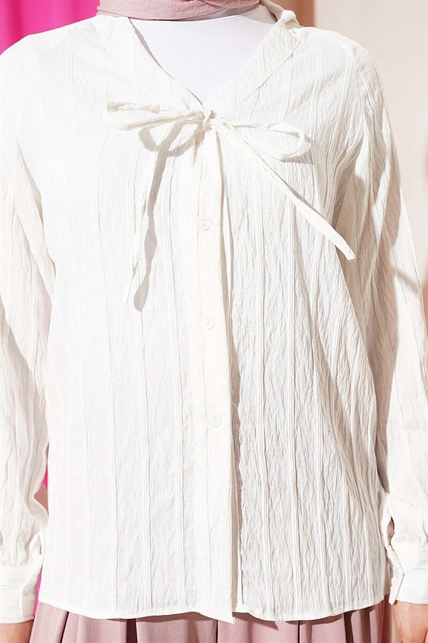 V-Neck Striped Lace-up Shirt White