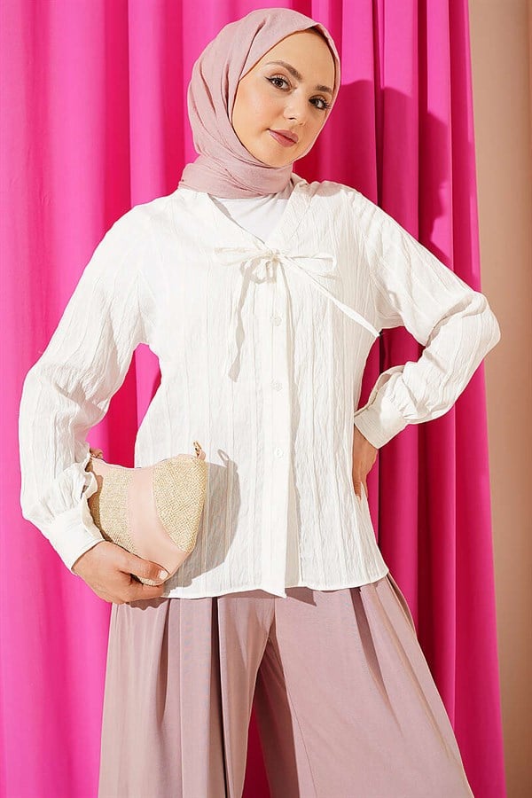V-Neck Striped Lace-up Shirt White