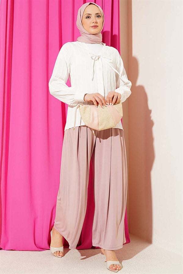 V-Neck Striped Lace-up Shirt White