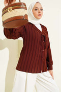 V-Neck Striped Lace-up Shirt, Brown