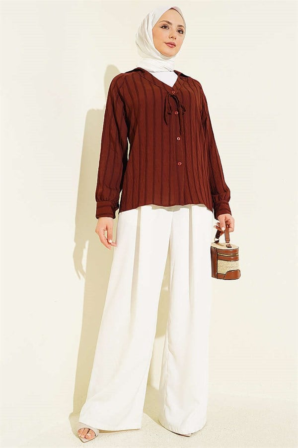 V-Neck Striped Lace-up Shirt, Brown