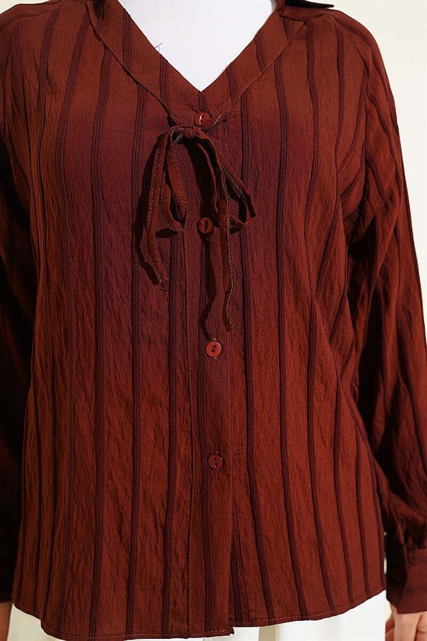 V-Neck Striped Lace-up Shirt, Brown