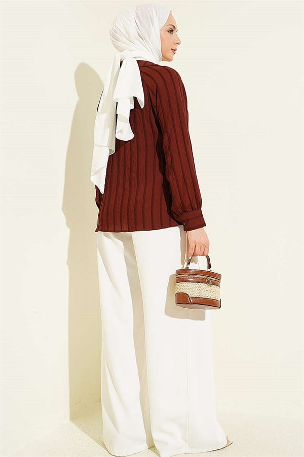 V-Neck Striped Lace-up Shirt, Brown