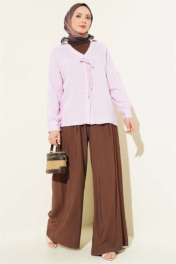 V-Neck Striped Lace-up Shirt Pink