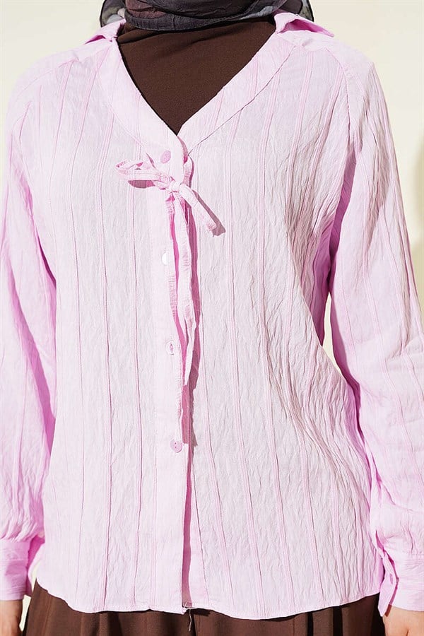 V-Neck Striped Lace-up Shirt Pink
