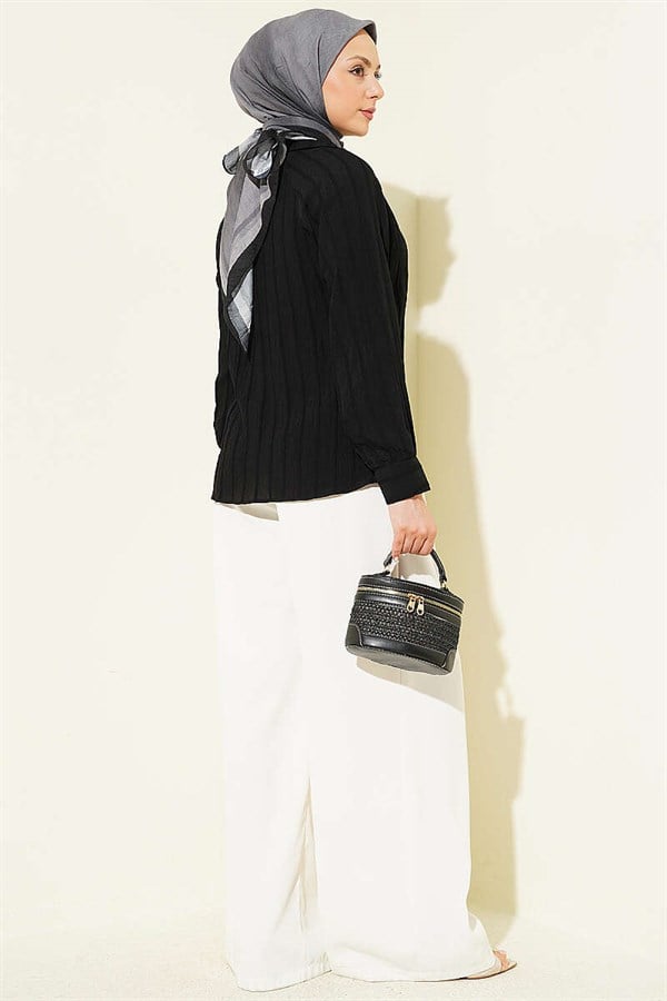V-Neck Striped Lace-Up Shirt Black