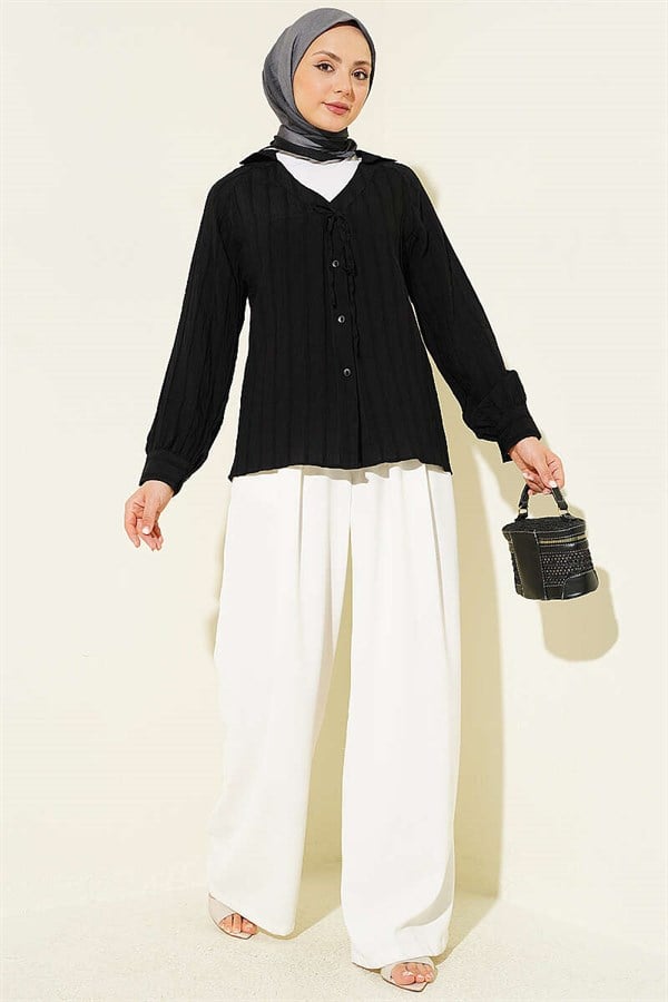 V-Neck Striped Lace-Up Shirt Black