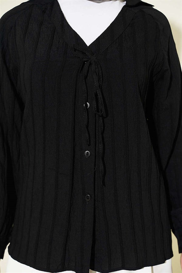 V-Neck Striped Lace-Up Shirt Black