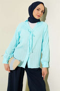 V-Neck Striped Lace-Up Shirt Turquoise