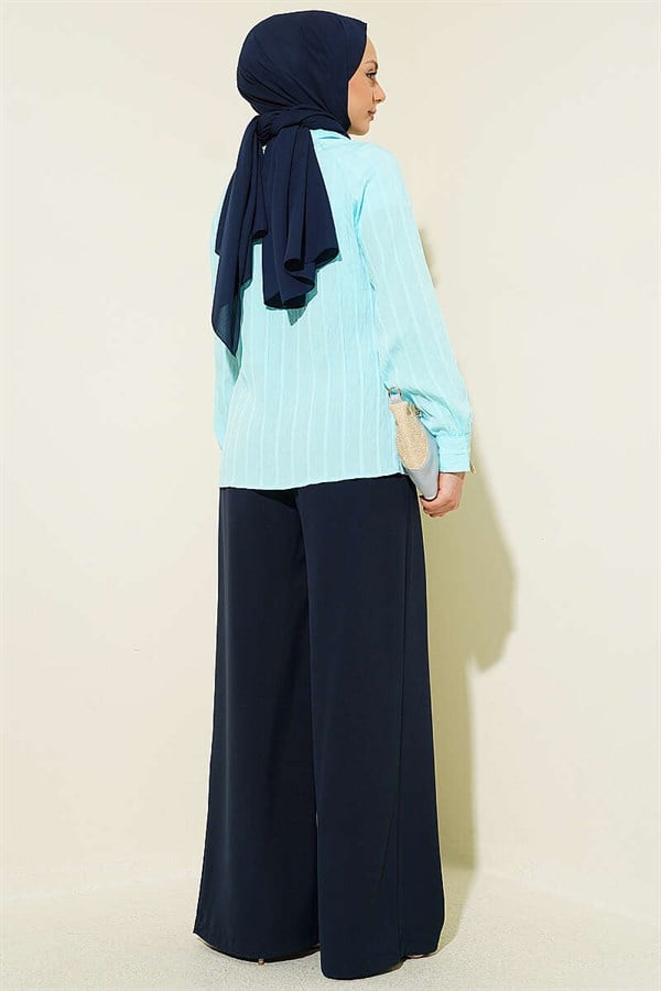 V-Neck Striped Lace-Up Shirt Turquoise