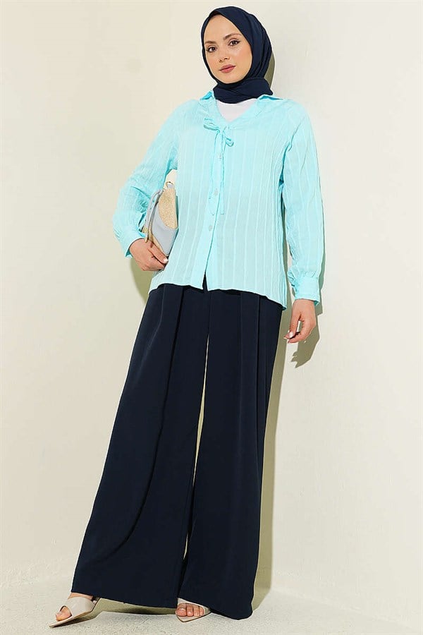 V-Neck Striped Lace-Up Shirt Turquoise