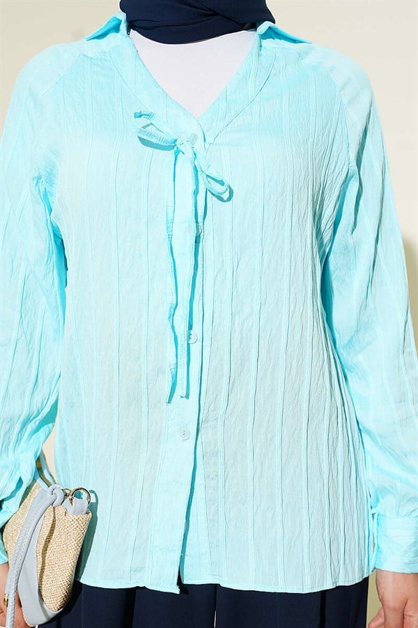 V-Neck Striped Lace-Up Shirt Turquoise