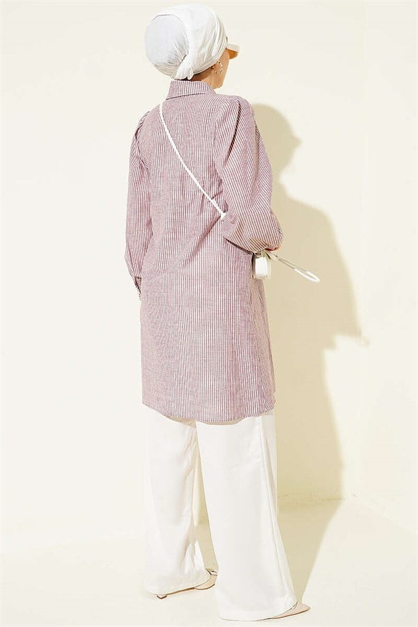 V-Neck Lace Striped Shirt, Rose Pink
