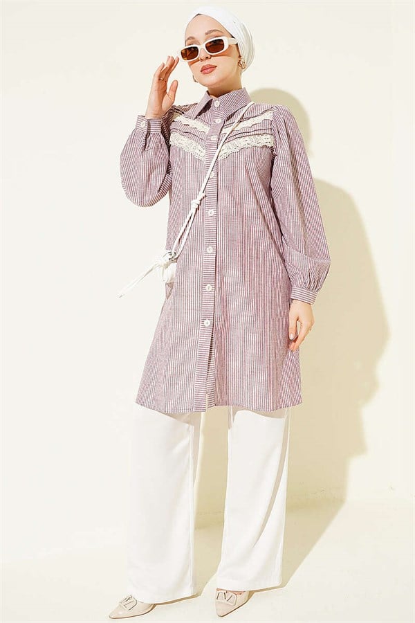 V-Neck Lace Striped Shirt, Rose Pink