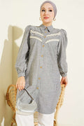 V-Neck Lace Striped Shirt Black
