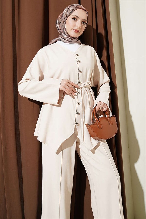 V-Neck Buttoned 2 Piece Set, Beige