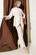 V-Neck Buttoned 2 Piece Set, Beige