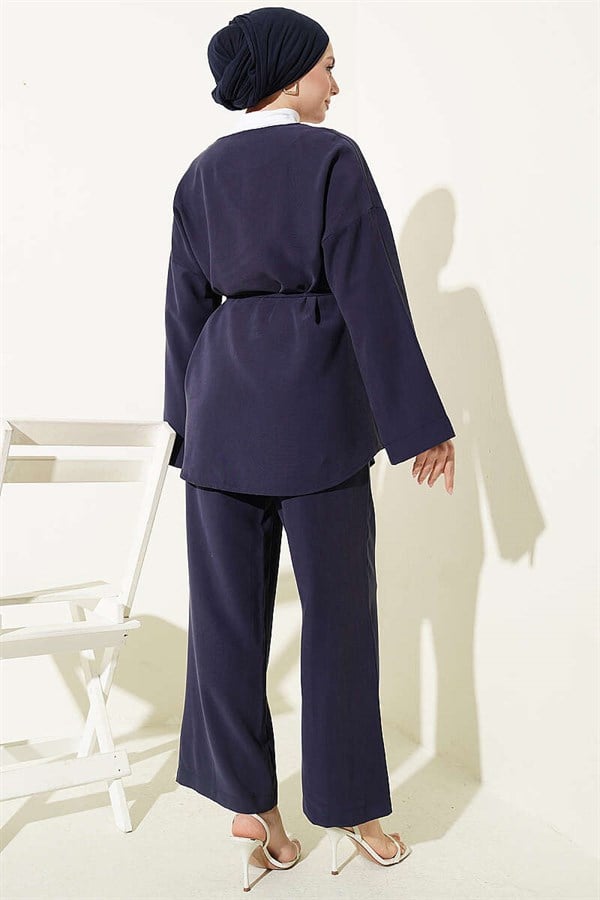 V-Neck Button-Down 2 Piece Set, Navy Blue