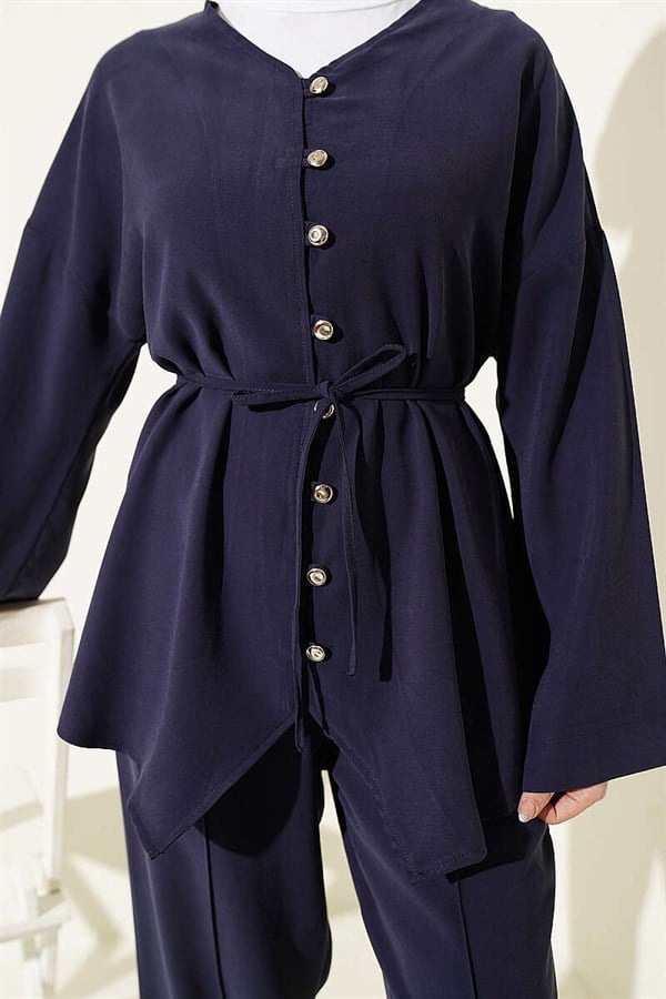V-Neck Button-Down 2 Piece Set, Navy Blue