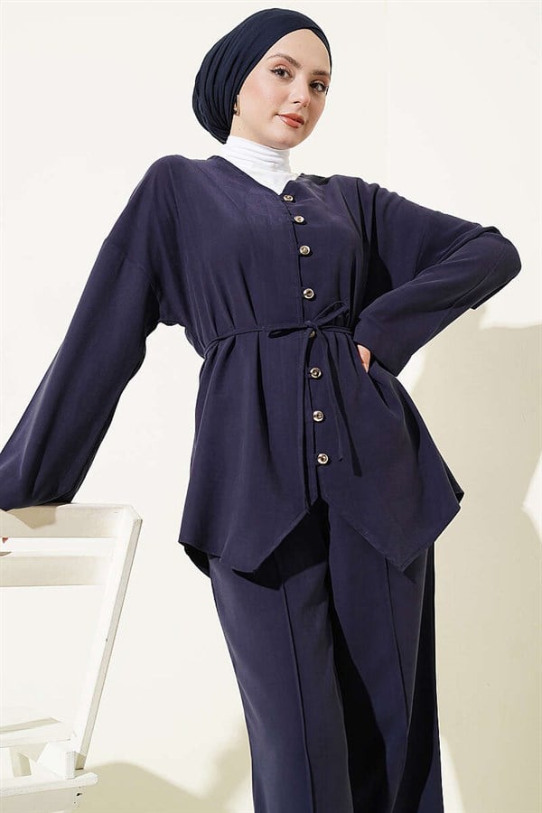 V-Neck Button-Down 2 Piece Set, Navy Blue