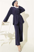 V-Neck Button-Down 2 Piece Set, Navy Blue