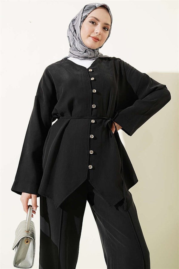 V-Neck Button-Down 2 Piece Set, Black