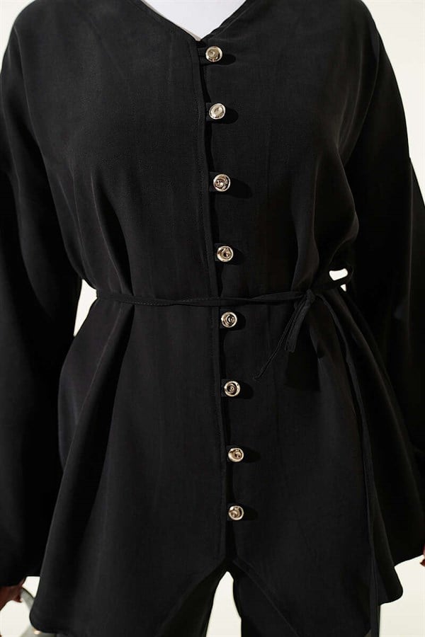 V-Neck Button-Down 2 Piece Set, Black