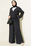 V-Neck 2 Piece Set with Tie Closure, Anthracite