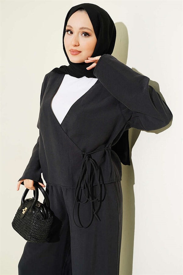 V-Neck 2 Piece Set with Tie Closure, Anthracite
