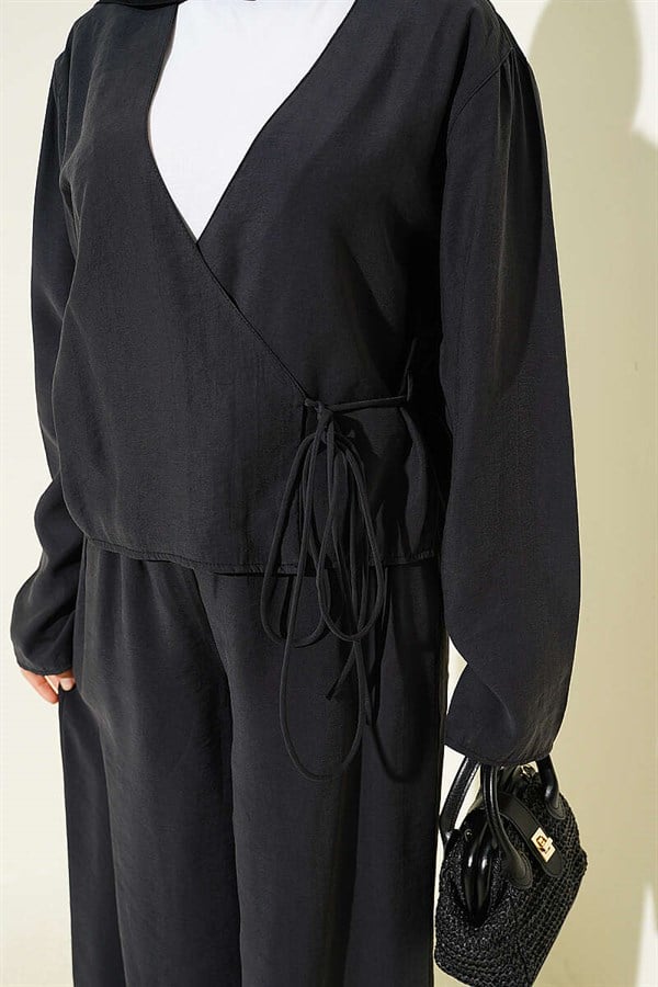 V-Neck 2 Piece Set with Tie Closure, Anthracite