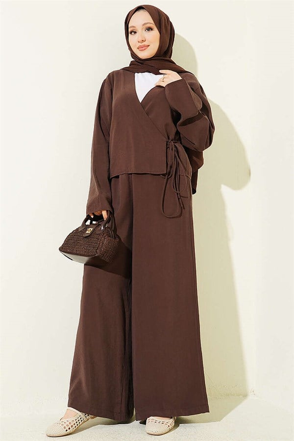 V-Neck 2 Piece Set with Tie Closure, Coffee