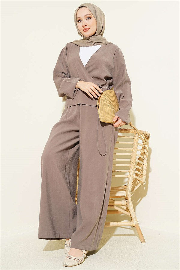 V-Neck 2 Piece Set with Tie Closure, Mink Color