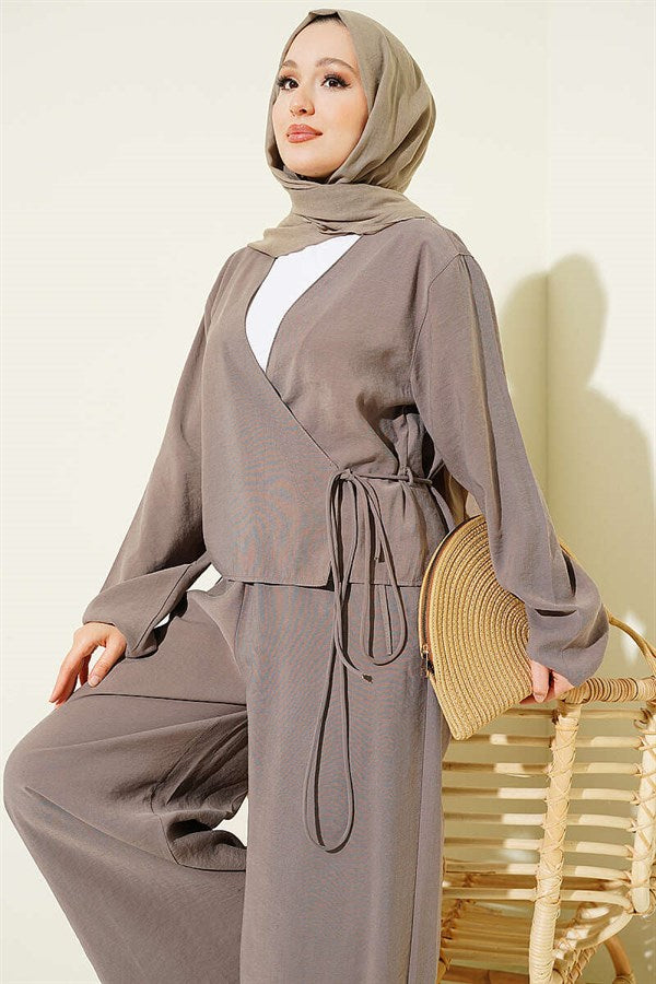 V-Neck 2 Piece Set with Tie Closure, Mink Color