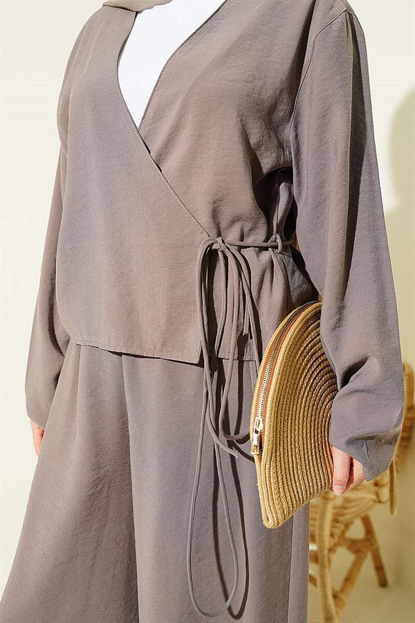 V-Neck 2 Piece Set with Tie Closure, Mink Color