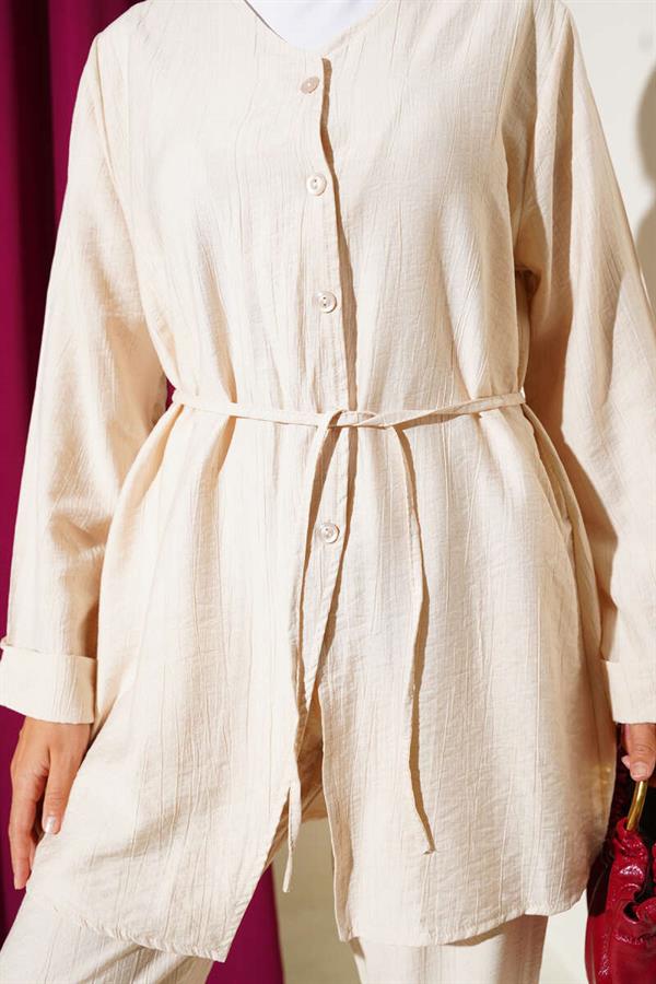 V-Neck Rope Belted 2 Piece Set Beige