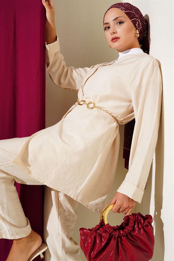 V-Neck Rope Belted 2 Piece Set Beige