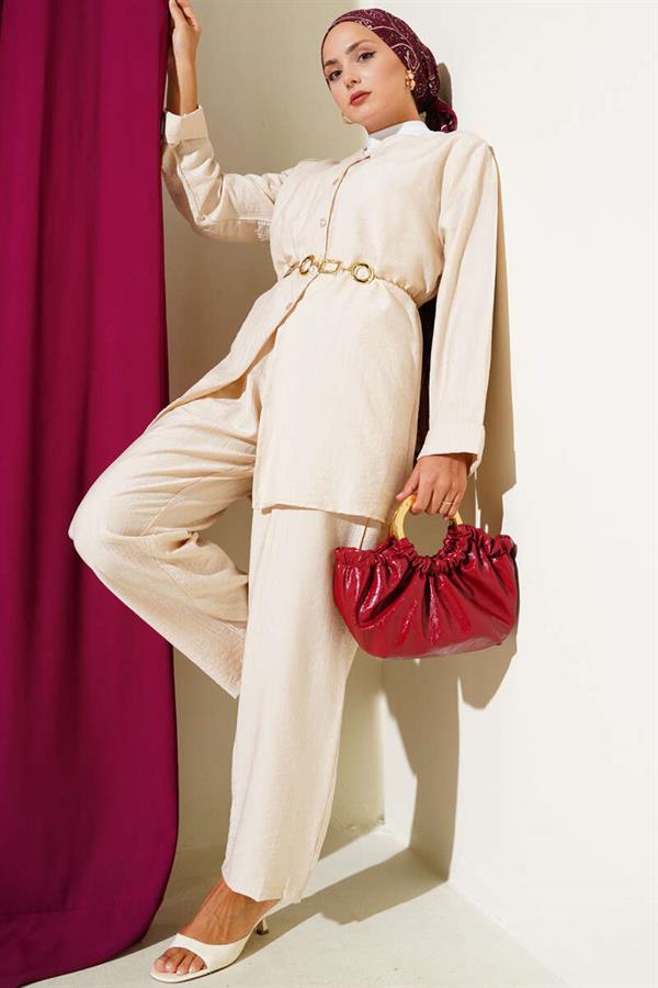 V-Neck Rope Belted 2 Piece Set Beige