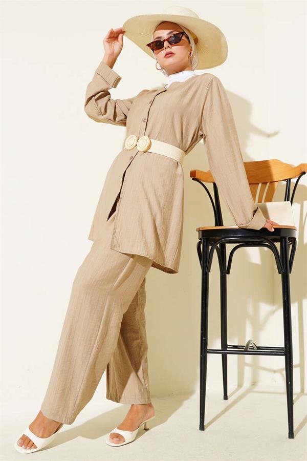 V-Necked Rope Belted 2 Piece Set Latte