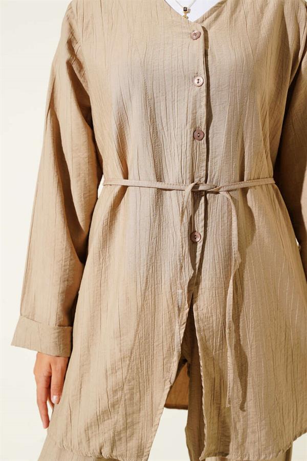 V-Necked Rope Belted 2 Piece Set Latte