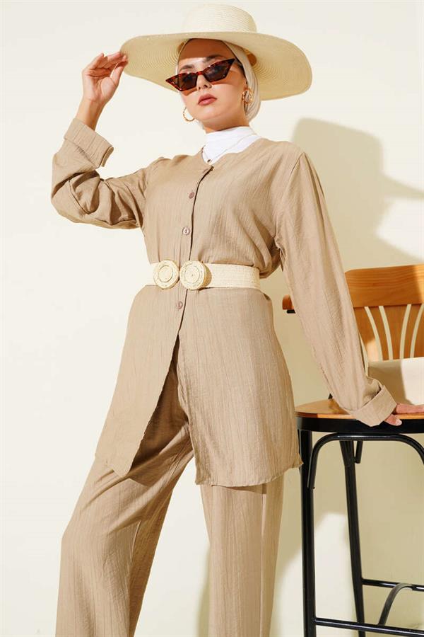 V-Necked Rope Belted 2 Piece Set Latte