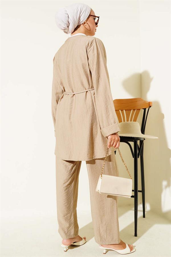 V-Necked Rope Belted 2 Piece Set Latte