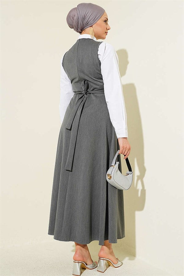 V-Neck Belted Sleeveless Dress in Smoke Grey