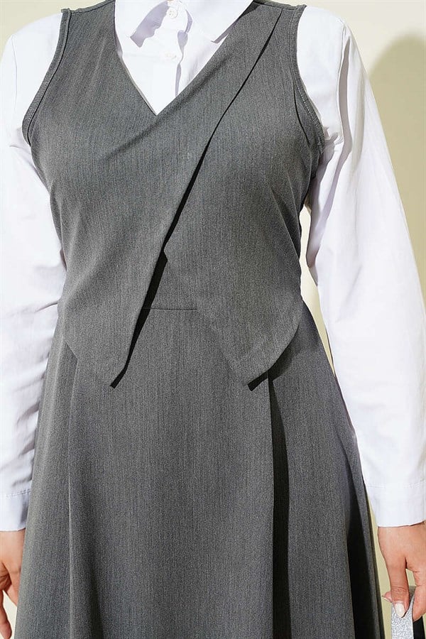 V-Neck Belted Sleeveless Dress in Smoke Grey