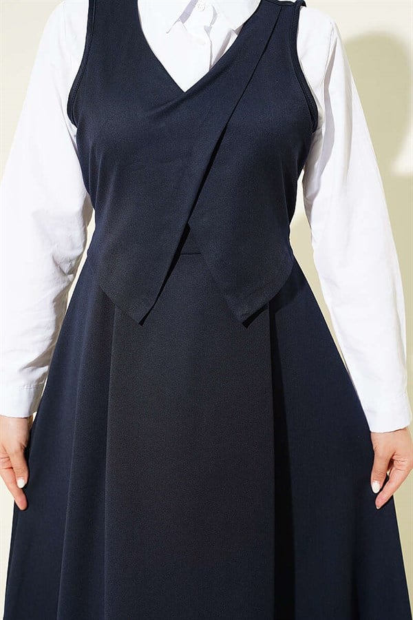 V-Neck Belted Sleeveless Dress Navy Blue